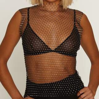 MUSE Black Stretch Mesh Diamante Top